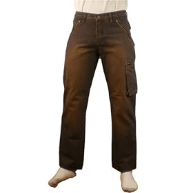 Mens Guess by Marciano brown jeans. Authentic designer pants with a catchy brownish red color, 2 zip up side pockets, 2 button up pockets on back and side seams of the knees. Very high quality casual denim pants!