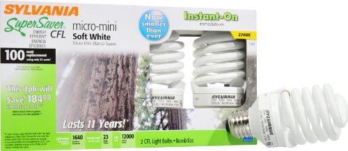 Sylvania 29729 23W Compact Fluorescent Micro Mini Light Bulb, Soft White, 2 Pack