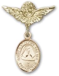 Gold Filled Baby Badge with St. Katherine Drexel Charm and Angel w/Wings Badge Pin