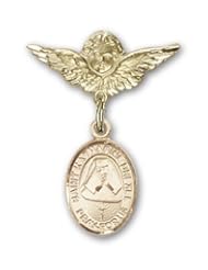 Gold Filled Baby Badge with St. Katherine Drexel Charm and Angel with Wings Badge Pin