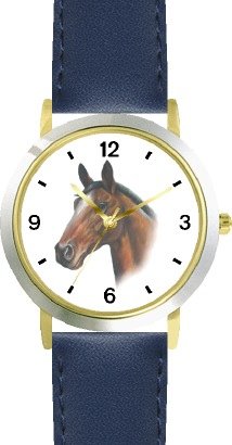 Brown (Bay) - JP - Horse - WATCHBUDDY® DELUXE TWO-TONE THEME WATCH - Arabic Numbers - Blue Leather Strap-Size-Large ( Men