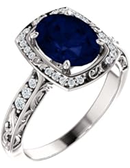 10K White Gold 9.00x7.00mm Oval Cut Chatham Created Sapphire and Diamond Ring -- LIFETIME WARRANTY