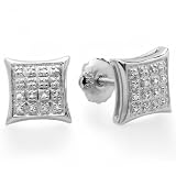 Platinum Plated Sterling Silver Real Diamond Kite Shape Mens Hip Hop Iced Stud Earrings 1/10 CT (0.10 Carat)