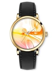 SPRAWL Aanalog Fashion Series Gold Ladies Watches of Genuine Black Leather Strap,Unique Wrist Watch for Women Girls Designed with Lines and orange circles