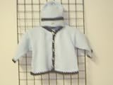 Ck601bdb, Knitted on Hand Knitting Machine Then Finished By Hand Crochet Infant Boys Outfit, Containing Baby Blue Cotton Crocheted Dark Brown Chenille Trim Cardigan Sweater, Hat Set.