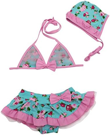 Livestyle Cute Baby Girl Bowknot Flower 3 Piece Swimwear Bikini Sets (4T, Pink&Blue)