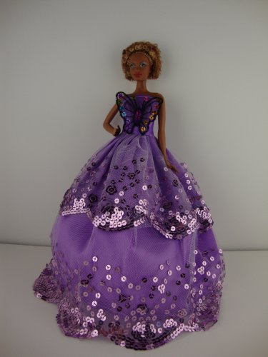 Pretty Purple Strapless Sequined Ball Gown with a Butterfly on the Botice Made to Fit the Barbie Doll