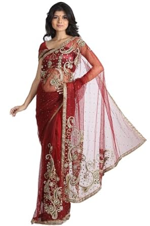 Plus Size Shopping : Maroon Wedding and Festival Embroidered Net Saree On Amazon