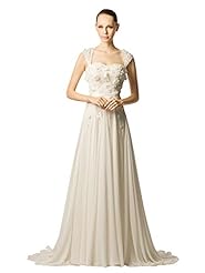 A-line Chiffon Floral Print Goddess Beaded Lace Square Neck  Dress with a Court Train 