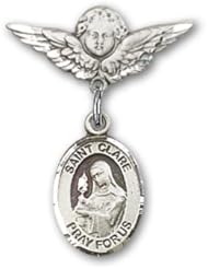 Sterling Silver Baby Badge with St. Clare of Assisi Charm and Angel with Wings Badge Pin