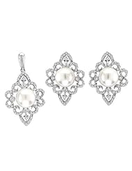 14K White Gold 0.75 cttw Royal Blood Diamond and White Pearl Set