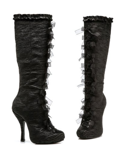 Women's 4 Inch Heel Satin Knee Boots With Inner Zipper And Ribbon Lace-Up Detail (Black-6)
