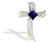 14K White Gold Genuine Square Sapphire and Diamond Cross Pendant