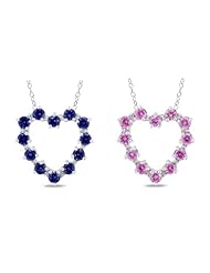 Sterling Silver Created Pink Sapphire, Created Sapphire and Diamond Heart Pendant Necklace, 18"