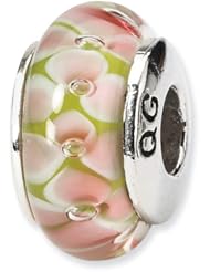 Sterling Silver s Pink Floral Hand-blown Glass Bead by Reflection Beads, Best Quality Free Gift Box Satisfaction Guaranteed