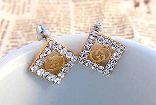 Squares Gilt Metal Earrings,white Crystals Embedded Around the Square,beautiful Sparkling Shine Emitting.