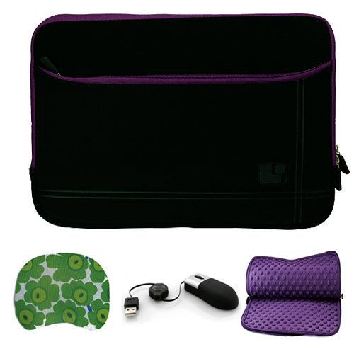 Black with Purple Trim Micro Suede Nubuck Sleeve Case with Accessory Pocket for 13 inch Apple MacBook Pro MC516LL / A Laptop Computers + USB Optical Mini Mouse + SumacLife TM Wisdom Courage Wristband