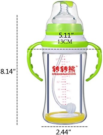 ZHUANZHUANXIONG 8101 Wide Caliber Explosion-proof Temperature Heat Double Glass Baby Straw Bottles with Handles 240ml Yellow