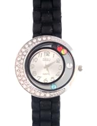 Black Silicone Rubber Gel Watch Large Face with Moving Colored Crystals with Half Crystal Bezel. Band Link Look Ceramic Style