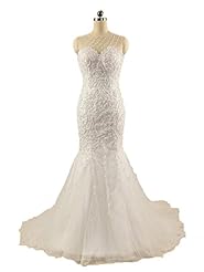 Sexy Beaded Lace Backless Open-Back Illusion Mermaid Wedding Dress  with a Chapel Train 