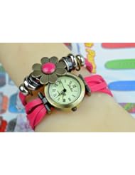 KANO BAK(TM) Fashion Weave Wrap Around Press Button Leather Retro Bracelet Woman Girl Unisex Sunflower Wrist Nice Gift Watch Rose Pink