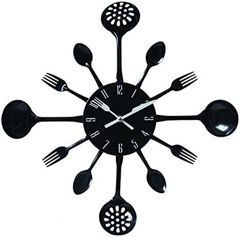 Eazzzy Metal Kitchen Cutlery Utensil Wall Clock Spoon Fork Ladel Home Decor (Black)