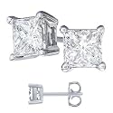 Nickel Free Platinum Rodium Finish Cubic Zirconia Princess Cut 925 Sterling Silver Stud Earrings. 4 Carat Total Weight Princess Cut Cubic Zirconia. 2 Carat Each Stone