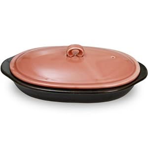 【クリックで詳細表示】有田焼 レンジで焼けるくん 楕円(薄紅) レシピ付き(14×22.5×6.5cm)