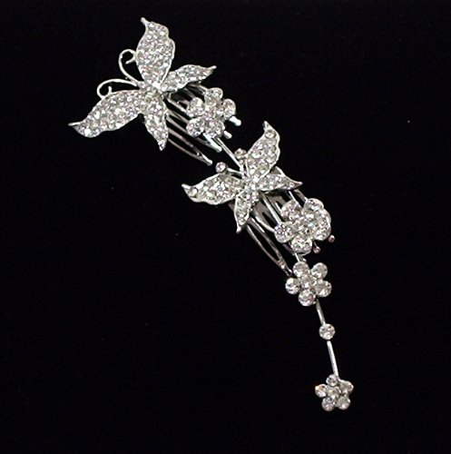 Butterflies With Crystal Flowers Hair Comb for Weddings - Proms - Quinceanera or Pageants