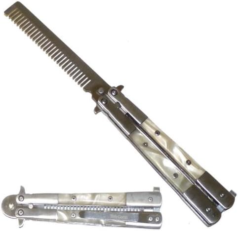 White Pearl Handle Practice Butterfly / Comb Quality Construction Stainless Steel Comb (Blade) Not Sharp Open Length: 8-5/8" Comb / Blade Length: 3-7/8" Closed Length: 5-1/4"