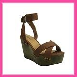 Women's Qupid Cognac Leatherette X-Band Ankle Strap Wedges (Fifi01)