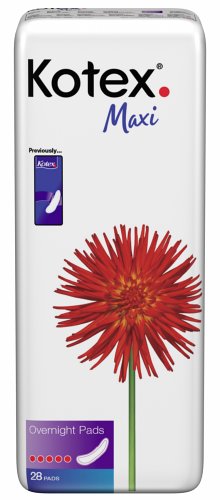 Kotex Overnight Maxi Pads, Case of Six-28 Count (168 Pads)