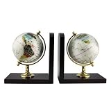 American Atelier Polished Stone Globe Bookends with Wood Stand, Pearl White