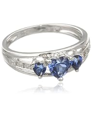 Three Heart Shape .018 Diamonds cttw in Silver Created Sapphire Ring, Size 6