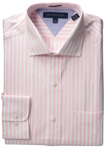 Tommy Hilfiger Men's Long Sleeve Reg Stripe Spread, Pink, 15.5 32-33