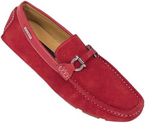 Steven Land Footwear: SLNY Collection Mens Classic Genuine Suede Driving Moccasin Loafer with Silver Ornament in Red: Style SLNY295 Red-005 12 D (M) US