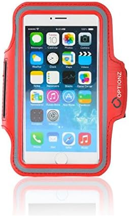 Deluxe Optionz Fitness Sports Armband with Key Holder for Apple iPhone 6 (4.7 "). Also fits iPhone 4 4S 5 5C 5S, Samsung Galaxy S2 S3 S4, HTC Desire 816 510, Motorola Droid E G, Nokia Lumia, LG Optimus (Red iPhone 6 4.7")