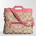 AUTHENTIC COACH BONNIE SIGNATURE FOLDOVER CONVERTIBLE SHOULDER/BUSINESS TOTE 13386 (Khaki/Coral)