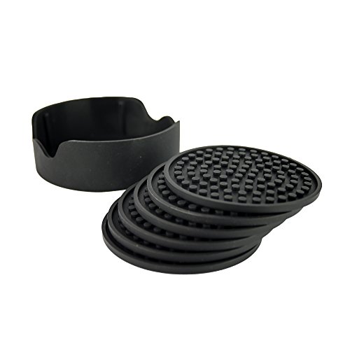 Living Pure Drink Coasters | Large Black Silicone Coasters Feature a Deep Tray to Fit Almost All Sizes of Cups or Mugs | Set of 6 Non-slip, Eco-Friendly, Absorbent Beverage Coasters with Holder