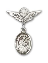 Sterling Silver Baby Badge with St. Ambrose Charm and Angel with Wings Badge Pin