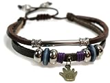 Hamsa Hand Genuine Leather Bracelet, Purple Accent, Adjustable 5.5 to 8 Inch Wrist in Silver Gift Box