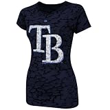 MLB Women's Tampa Bay Rays Pure Victory Short Sleeve Raw Cut Crew Neck Tee (Athletic Navy Camo, Medium)