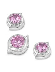 Sterling Silver Elegant Round Design Pendant and Earrings Jewelry Set with Pink CZ