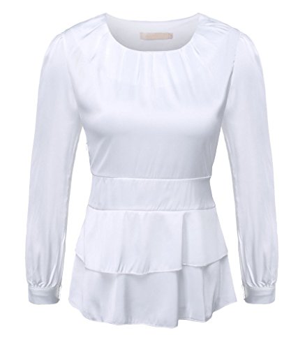 DPO Women's Chiffon Pleated Slim Fit Long Sleeve Round Neck Blouse