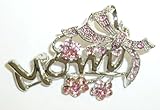 Silverplated Mom with Pink Crystal Flowers Pin