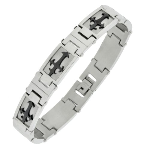 Stainless Steel Black Ionic Plated Crosses Link Bracelet, 8.75″