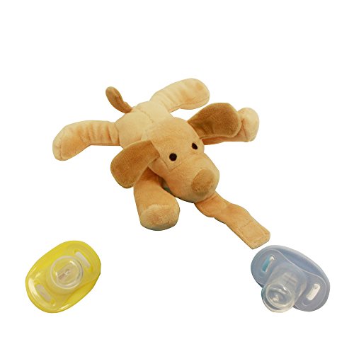 Stuffed Plush animal pacifier holder with two BPA free pacifiers from