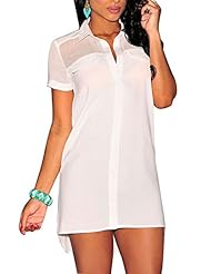 Slit Mesh Sheer Polyester/Spandex Notched Notched Collar  Shirt Mini Dress 