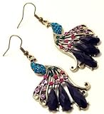 Stunning Burnish Gold Peacock Dangle Earrings with Blue, Pink, Turquoise Crystals