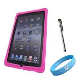 Silicone Skin Pink Case for Apple iPad + Silver Stylus + Wristband